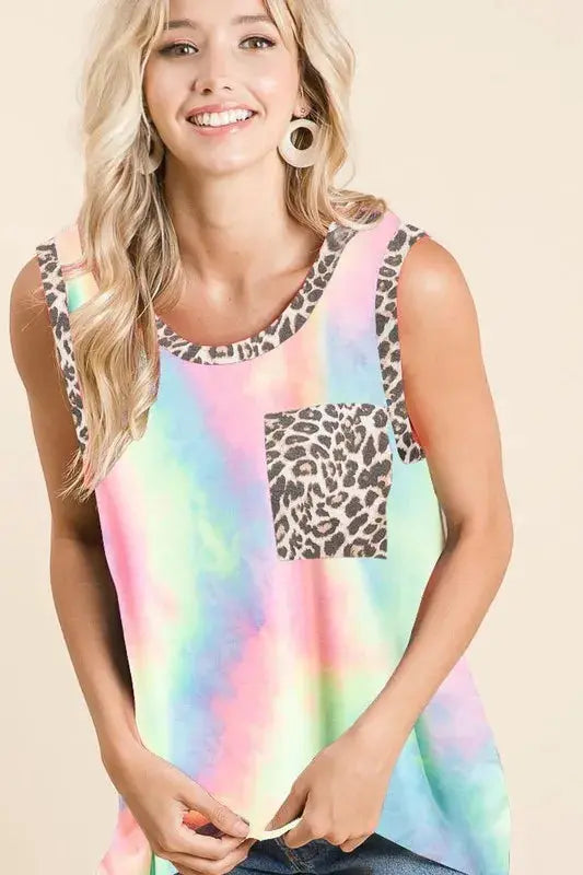 BiBi Sleeveless Tie Dye Top With Leopard Band - Love Salve